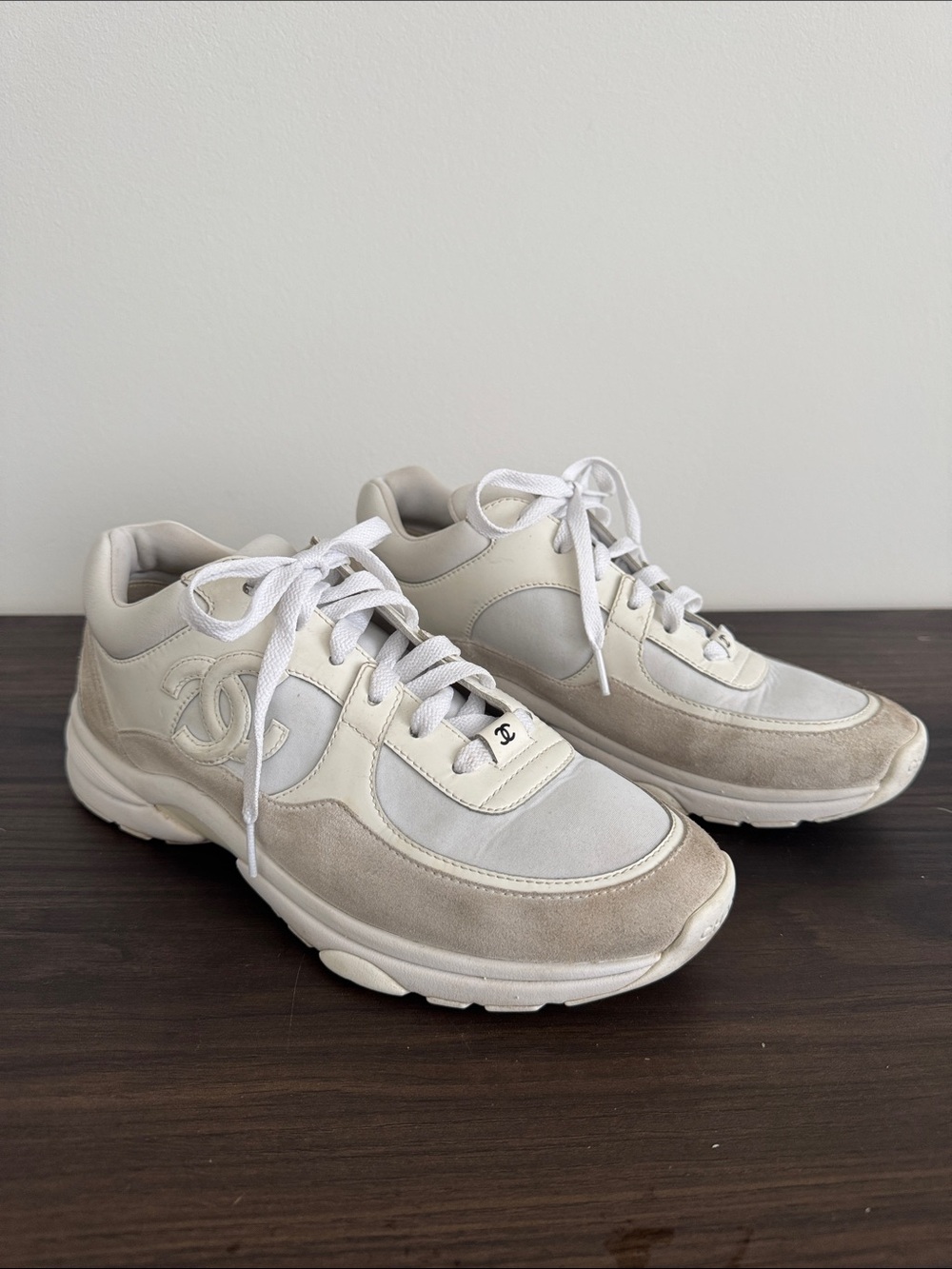 CHANEL Women’s Suede & Leather Sneakers in Beige and White
